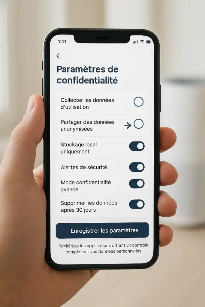 Interface d'application mobile montrant les paramètres de confidentialité recommandés pour un objet connecté éthique : collecte de données désactivée, partage anonymisé désactivé, stockage local uniquement activé, alertes de sécurité activées, mode confidentialité avancé activé et suppression automatique des données après 30 jours."