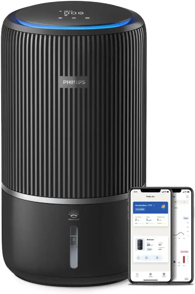 Philips AC3421/13 : purificateur-humidificateur connecté, design noir élégant, filtration NanoProtect, idéal pour la chambre ou salon