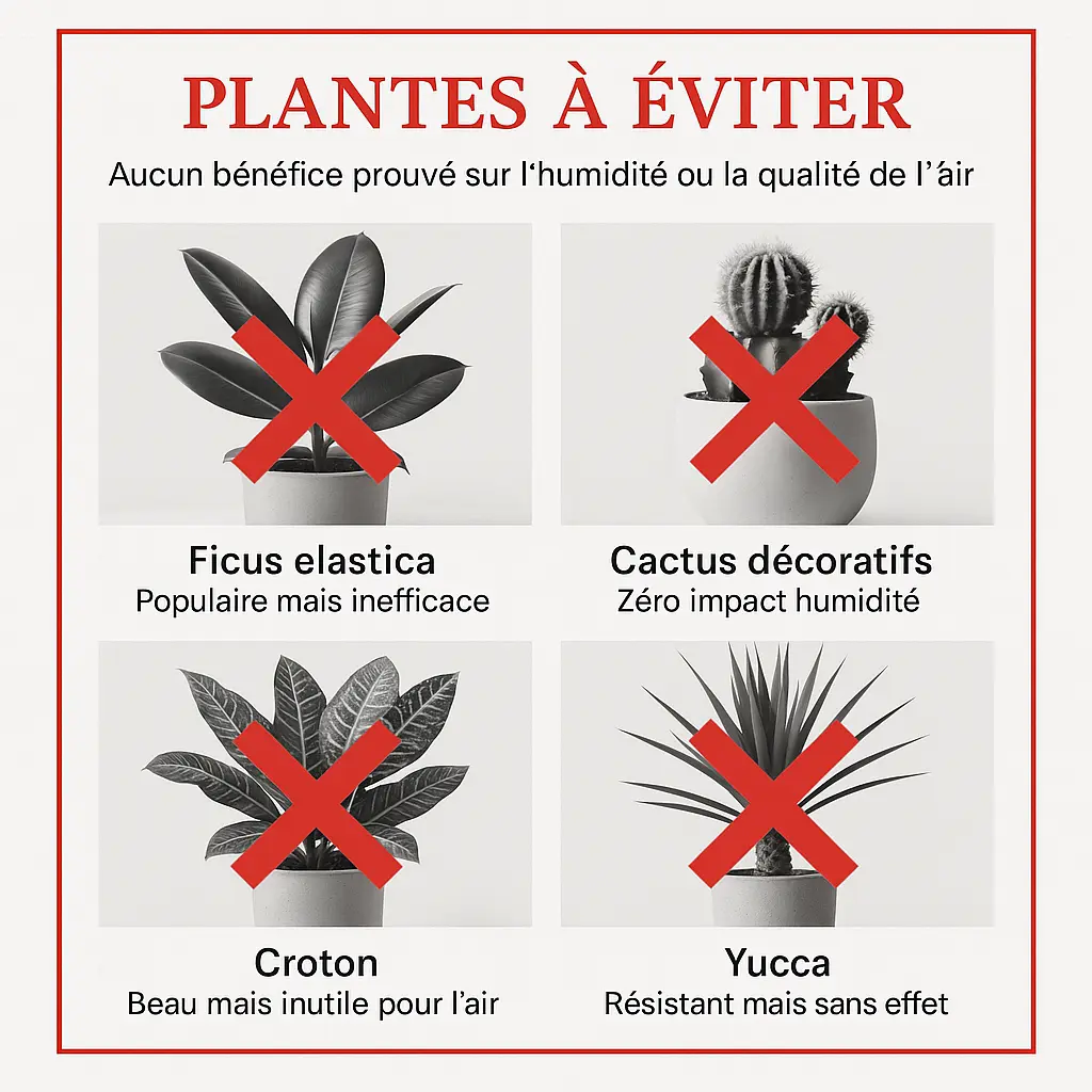 Infographie listant quatre plantes à éviter pour la qualité de l’air intérieur : Ficus elastica, Cactus décoratifs, Croton et Yucca. Aucune d’elles n’a de bénéfice prouvé sur l’humidité ou la purification de l’air. Chaque image est barrée d’un X rouge.