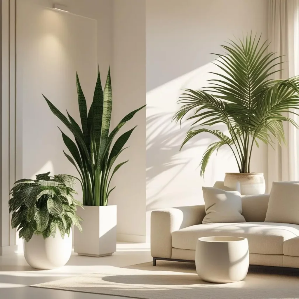 Trois plantes d’intérieur dans un salon moderne lumineux : Sansevieria, Areca palmier et Fittonia. Illustration de l’effet végétal sur le confort hygrométrique et le bien-être.