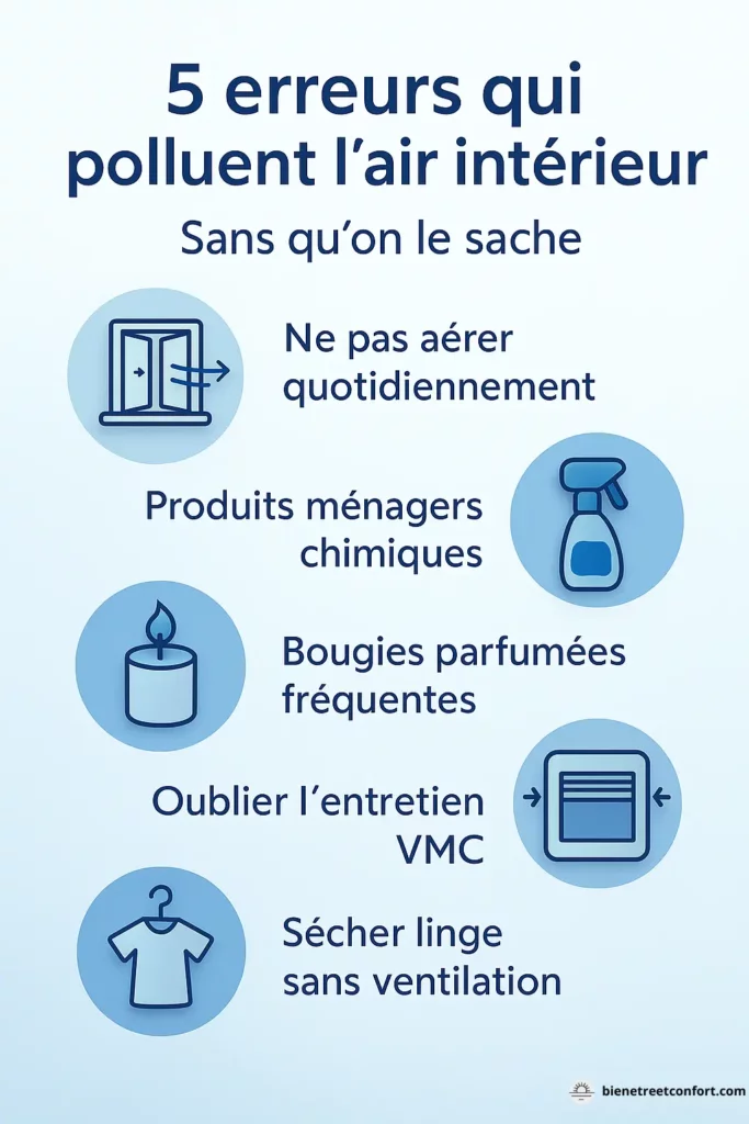 Infographie 5 erreurs pollution air intérieur causes : aération, produits ménagers, bougies, entretien VMC, séchage linge