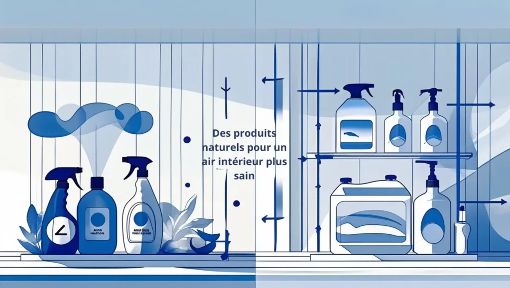 Illustration montrant la différence entre produits ménagers chimiques (émissions nocives) et produits naturels (air sain)