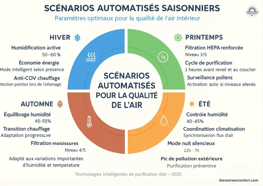Infographie en roue des scénarios automatisés de purification selon les saisons (hiver, été, printemps, automne)