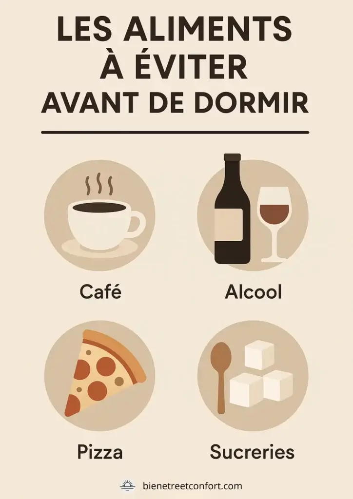 Infographie des aliments à éviter le soir pour bien dormir : café, alcool, pizza, sucre