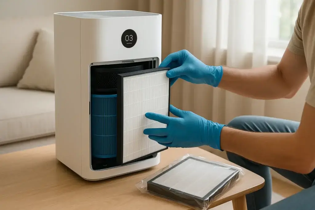 Remplacement d’un filtre HEPA dans un purificateur d’air, réalisé avec des gants de protection – geste d’entretien essentiel pour garantir la qualité de l’air intérieur