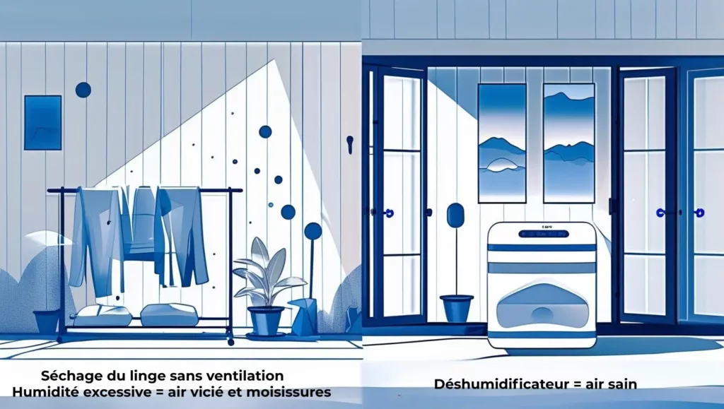 Comparaison entre une pièce humide où le linge sèche sans ventilation, et une pièce saine équipée d’un déshumidificateur. L’image illustre l’impact de l’humidité excessive sur la qualité de l’air intérieur.
