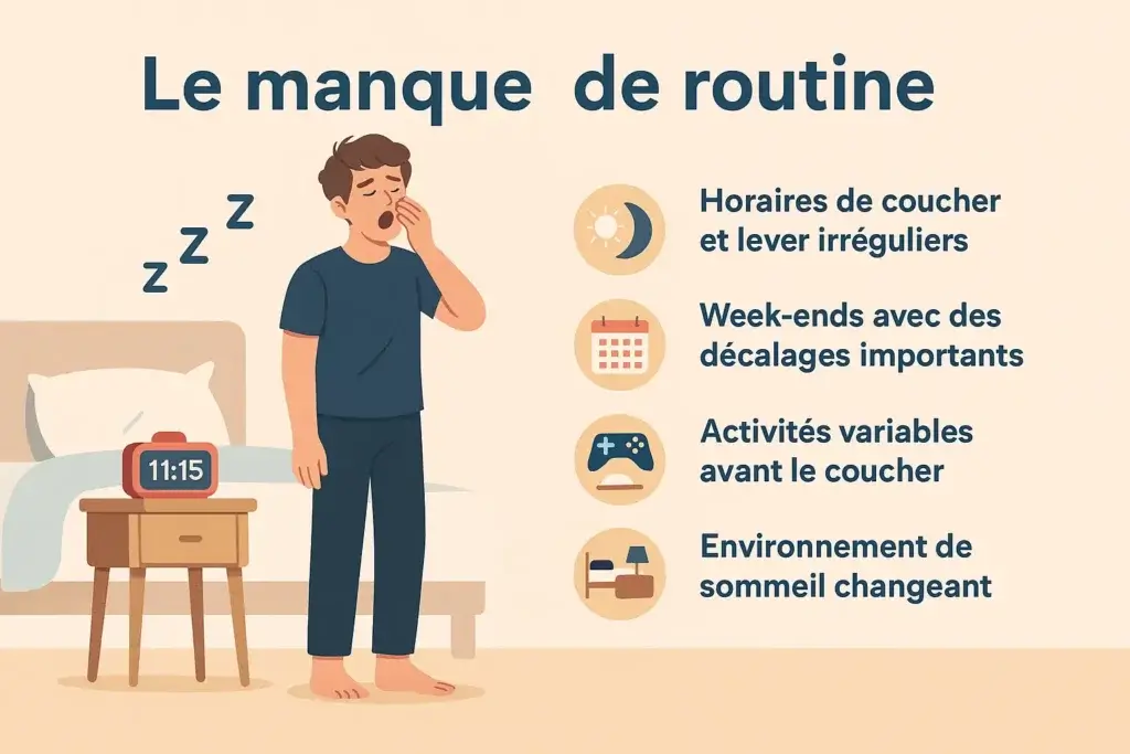 Homme fatigué en pyjama debout dans une chambre à 23h, illustrant un manque de routine et d'horaires réguliers de coucher