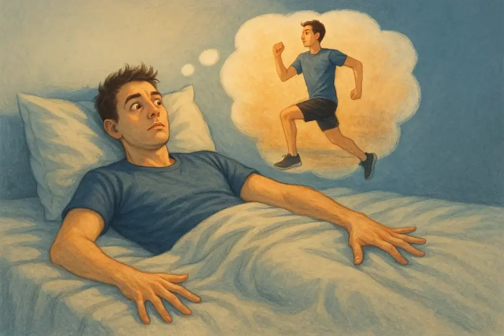 Homme allongé dans son lit avec l'esprit agité pensant à courir, symbole d'hyperactivité mentale avant de dormir