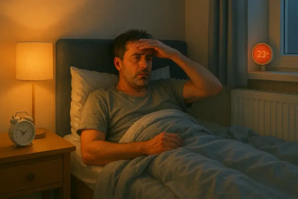 Homme transpirant dans une chambre trop chaude, température à 23°C affichée sur un thermostat lumineux la nuit