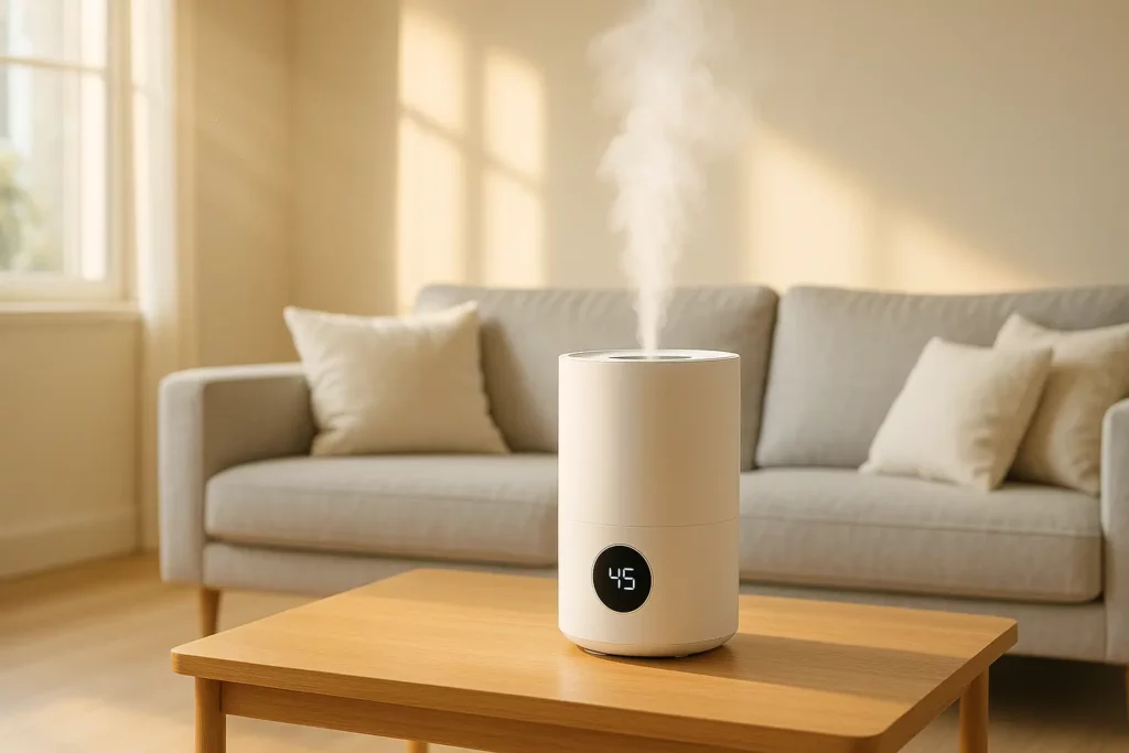 Humidificateur d’air moderne en fonctionnement dans un salon lumineux — régulation hygrométrique à 45 % pour un meilleur confort respiratoire