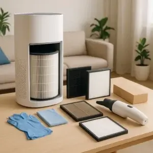 Entretien purificateur d'air : guide 2025 Kit complet pour l’entretien d’un purificateur d’air : filtres HEPA et charbon actif, chiffon, gants et aspirateur posés sur une table dans un intérieur lumineux