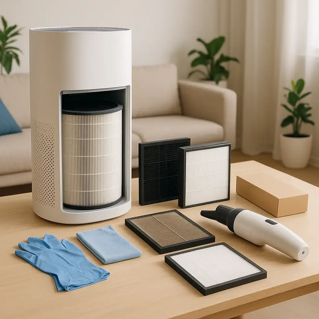 Kit complet pour l’entretien d’un purificateur d’air : filtres HEPA et charbon actif, chiffon, gants et aspirateur posés sur une table dans un intérieur lumineux