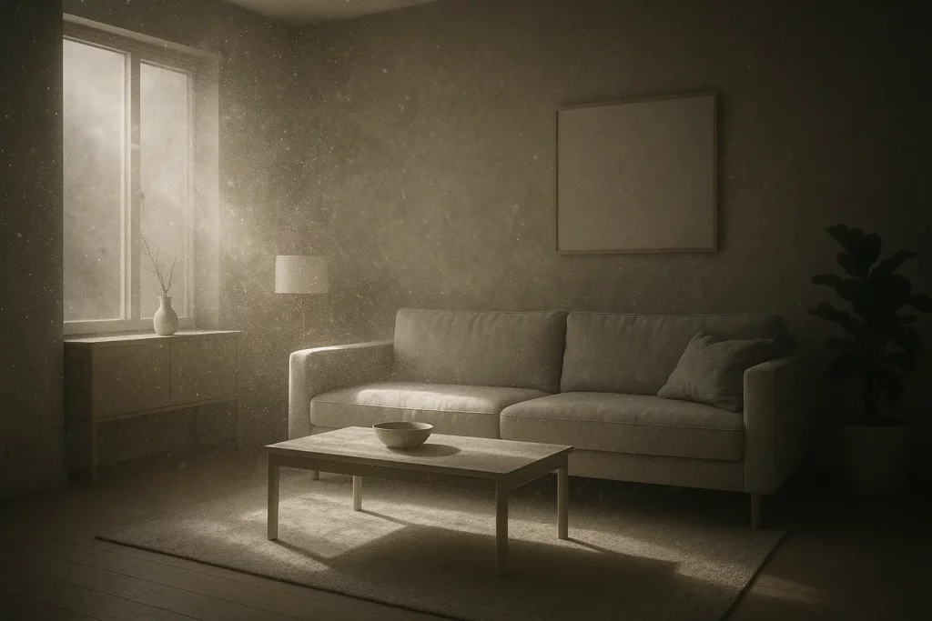 Salon gris envahi par des particules de poussière visibles dans les rayons du soleil, illustrant la pollution de l’air intérieur avant purification