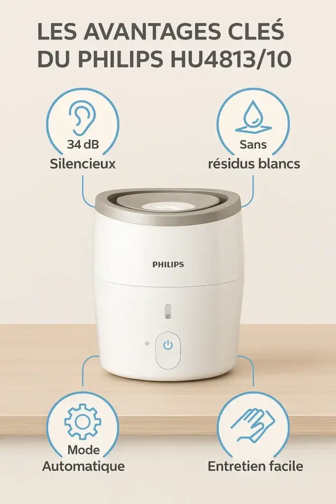 Avantages du Philips HU4813/10 : silencieux (34 dB), sans résidus blancs, mode automatique, entretien facile. Idéal pour la chambre.