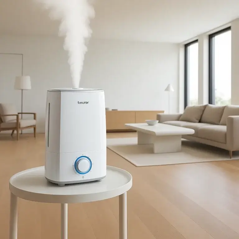 Humidificateur Beurer LB88 en action sur une table dans un intérieur spacieux et épuré, avec brume visible.