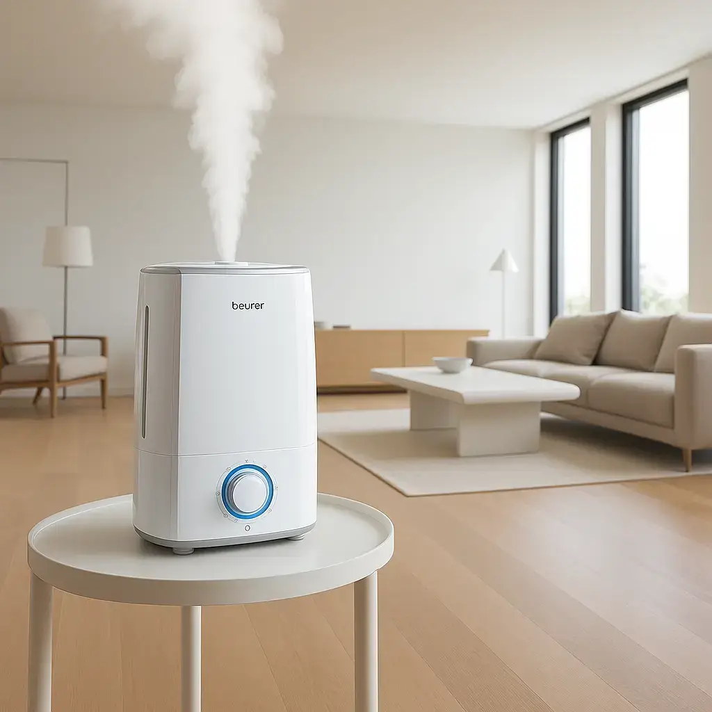 Humidificateur Beurer LB88 en action sur une table dans un intérieur spacieux et épuré, avec brume visible.
