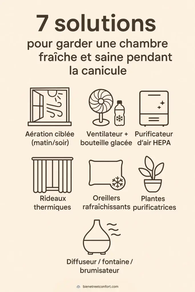 Infographie des 7 solutions pour garder une chambre fraîche pendant la canicule : aération ciblée, ventilateur avec bouteille glacée, purificateur HEPA, rideaux thermiques, oreillers rafraîchissants, plantes purificatrices, diffuseur ou fontaine d’intérieur.