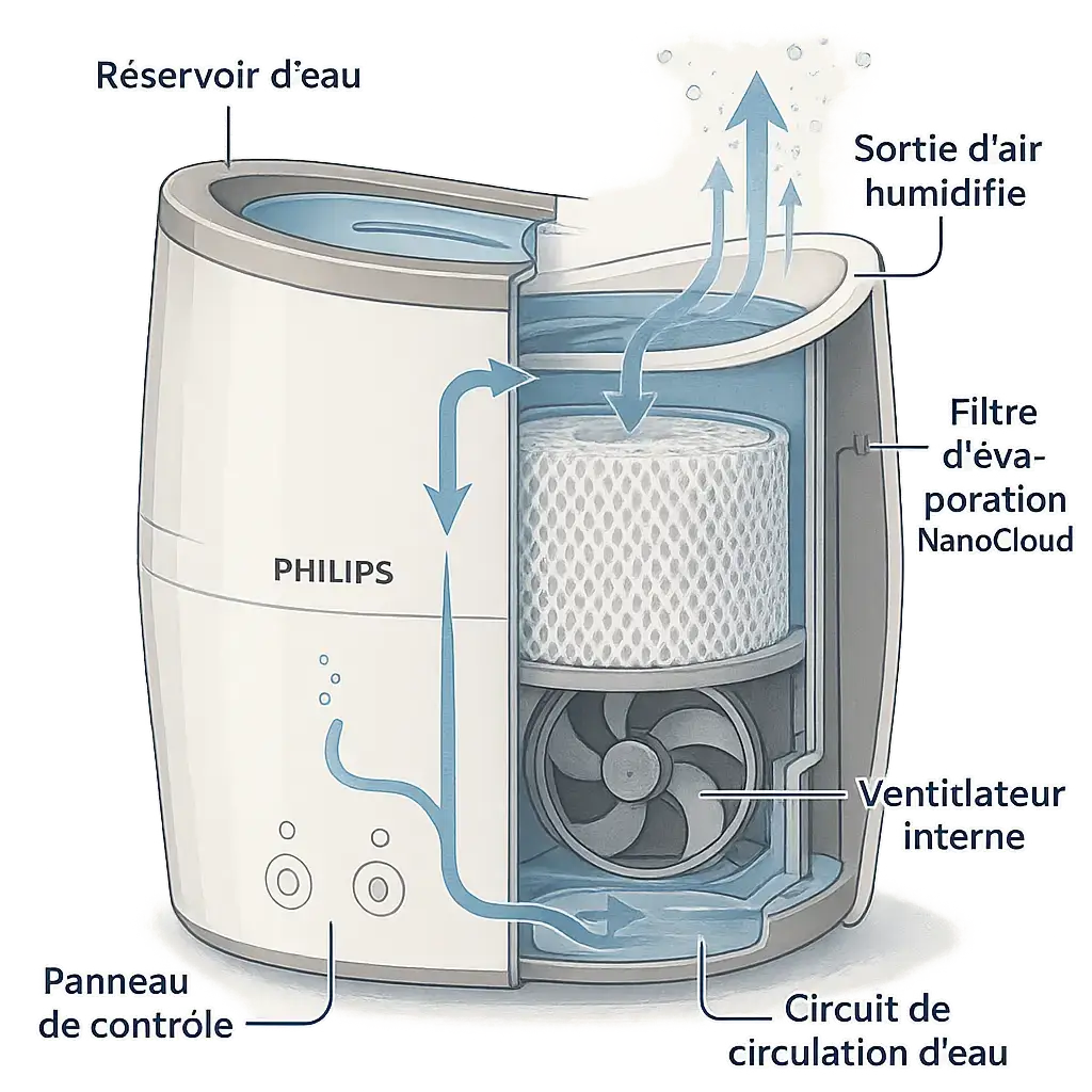 Schéma technique de la technologie NanoCloud de l'humidificateur Philips HU4813/10