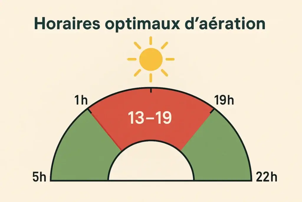 Horaires optimaux d’aération en été : aérer tôt le matin entre 5h et 7h, ou après 22h. Éviter d’ouvrir les fenêtres entre 13h et 19h en cas de canicule et de pollution.