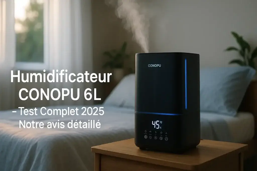Humidificateur CONOPU 6L noir avec écran LED 42% et brume visible dans chambre moderne - Test complet 2025 bienetreetconfort.com