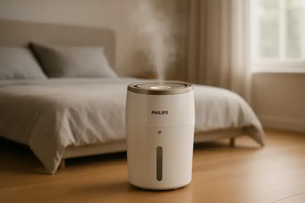 Humidificateur Philips HU4813/10 en fonctionnement dans une chambre, diffusant une vapeur invisible grâce à la technologie NanoCloud – idéal pour un air sain et un sommeil réparateur.