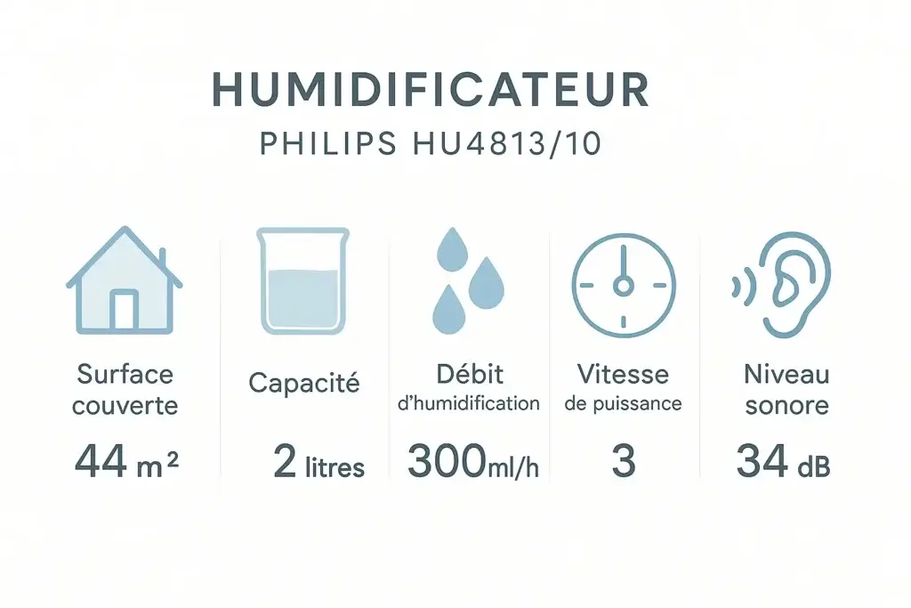 Fiche technique humidificateur Philips HU4813/10 – Capacité 2 litres, surface 44 m², silencieux 34 dB