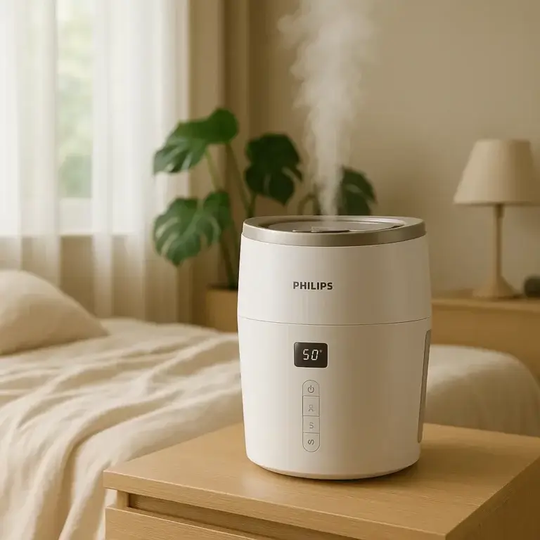 Humidificateur Philips HU4813/10 en fonctionnement dans une chambre, affichant 50 % d’humidité sur écran digital – idéal pour un air sain et silencieux