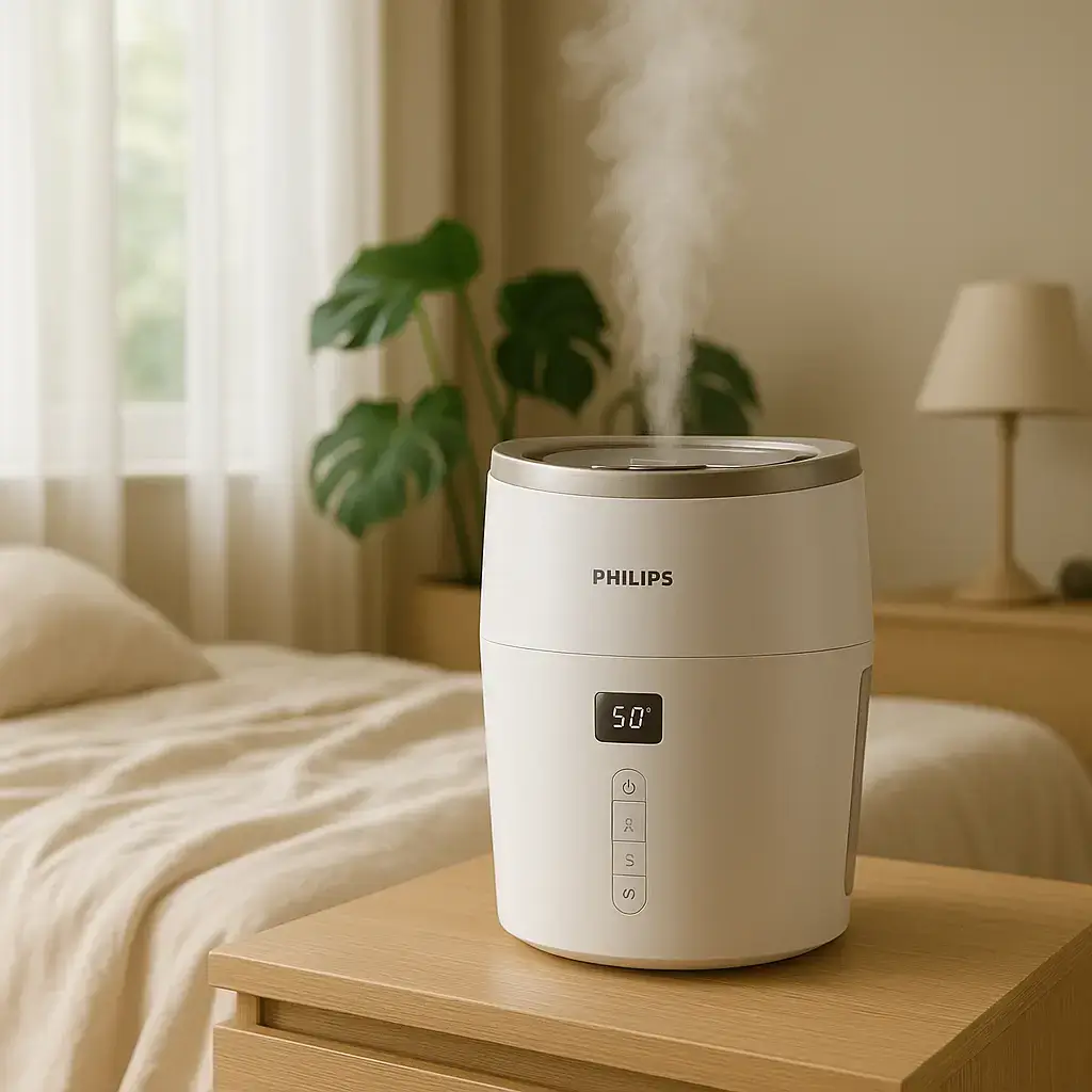 Humidificateur Philips HU4813/10 en fonctionnement dans une chambre, affichant 50 % d’humidité sur écran digital – idéal pour un air sain et silencieux