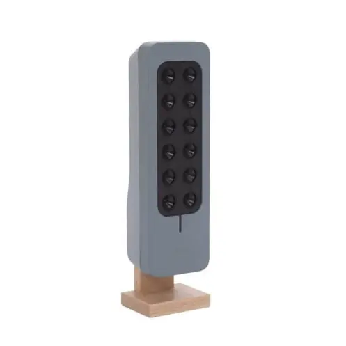 Modèle de l’ioniseur TEQOYA 200 au design épuré sur socle en bois clair, technologie sans ozone et silence total
