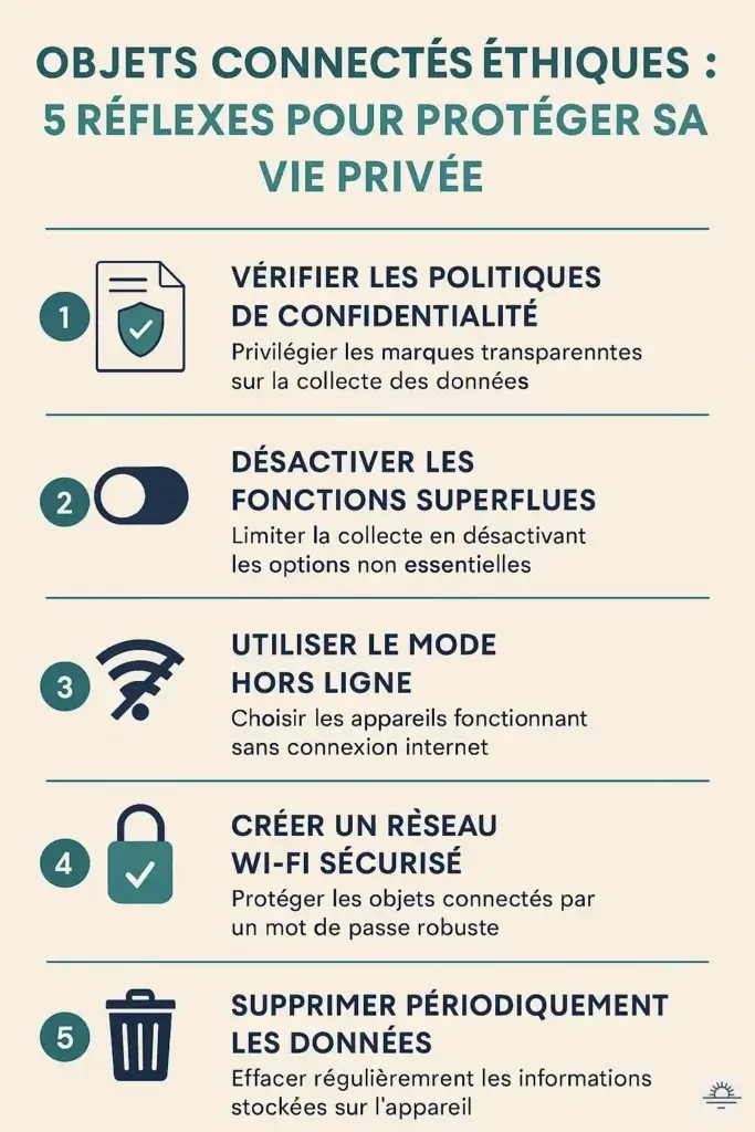 Infographie : 5 réflexes essentiels pour protéger sa vie privée avec des objets connectés éthiques - 1) Vérifier les politiques de confidentialité, 2) Désactiver les fonctions superflues, 3) Utiliser le mode hors ligne, 4) Créer un réseau Wi-Fi sécurisé, 5) Supprimer périodiquement les donnée