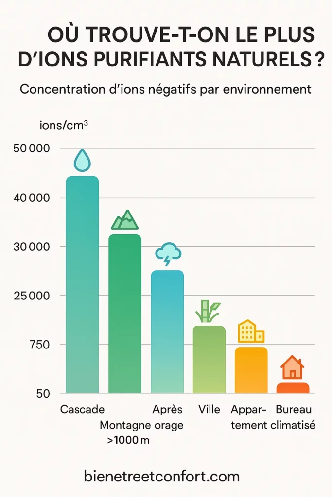 Infographie concentration ions négatifs cascade montagne appartement bureau climatisé comparaison environnements naturels pollution intérieur 2025