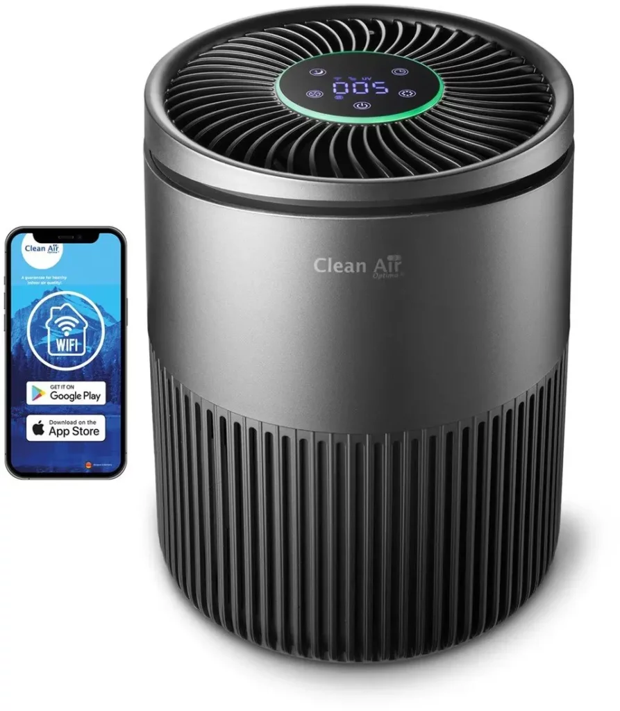 Photo du ioniseur Clean Air Optima CA-503T, modèle compact et silencieux, adapté aux chambres et petits espaces, avec fonction ionisation et design vertical noir.