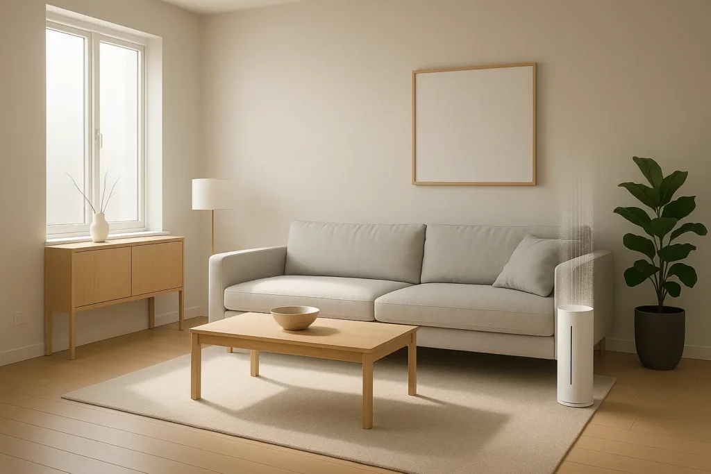 Ioniseur d’air design dans un salon lumineux et épuré – Bien-être & confort intérieur
