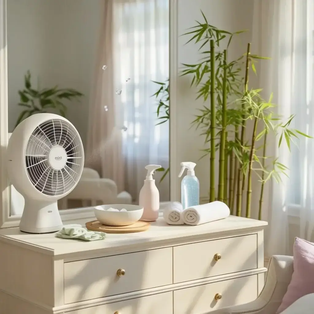 Objets anti-canicule dans une chambre lumineuse : ventilateur, glaçons, vaporisateurs, bambou et serviettes pour rafraîchir naturellement sans climatisation