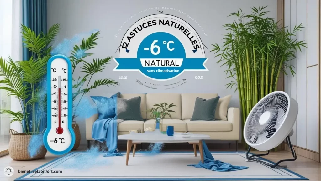 Salon moderne avec ventilateur, plantes vertes et thermomètre affichant -6°C, illustrant les techniques naturelles pour rafraîchir une pièce sans climatisation