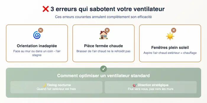 Infographie des 3 erreurs fréquentes d'utilisation d'un ventilateur en chambre chaude avec conseils d'optimisation pour améliorer l'efficacité