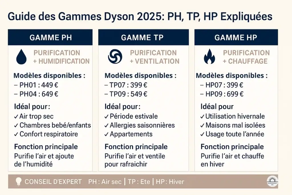 Différences gammes Dyson : PH humidification, TP ventilation, HP chauffage