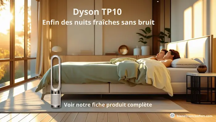 Couple dormant paisiblement dans une chambre moderne avec ventilateur Dyson TP10 allumé – visuel de nuit fraîche et solution contre les nuits chaudes et bruyantes