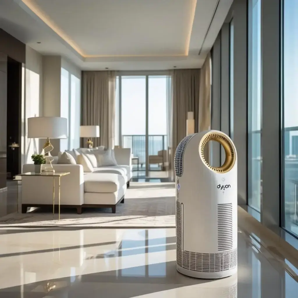 Purificateur d'air Dyson blanc et doré dans un salon lumineux, avec baies vitrées – idéal pour intérieur moderne