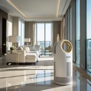 Purificateur Dyson : comparatif complet PH04, TP10, HP09 Purificateur d'air Dyson blanc et doré dans un salon lumineux, avec baies vitrées – idéal pour intérieur moderne