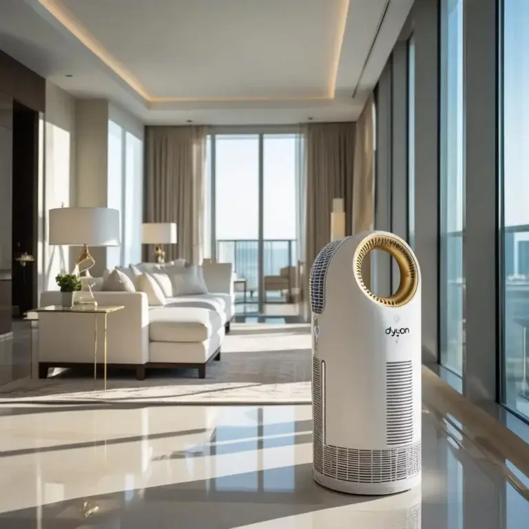 Purificateur d'air Dyson blanc et doré dans un salon lumineux, avec baies vitrées – idéal pour intérieur moderne