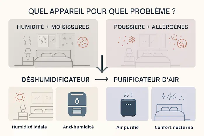Tableau comparatif des symptômes liés à la qualité de l’air intérieur avec recommandations d’appareils : déshumidificateur, purificateur d’air ou les deux selon les cas complexes (logement humide, mal ventilé ou pollué).