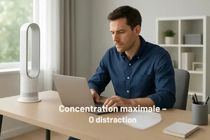 Professionnel concentré travaillant avec ventilateur sans pales silencieux dans bureau moderne