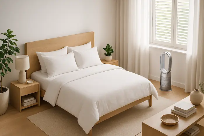 Chambre lumineuse et épurée avec ventilateur-purificateur sans pales placé près de la fenêtre. Mobilier en bois clair, plantes vertes, rideaux crème et ambiance naturelle apaisante.