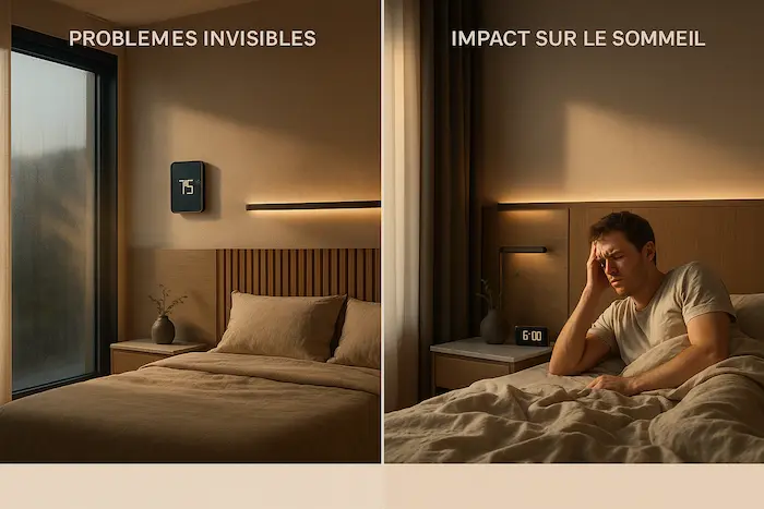 Visuel comparatif montrant une chambre avec condensation d’un côté et un dormeur fatigué de l’autre, pour illustrer l’impact de l’air intérieur sur le sommeil.
