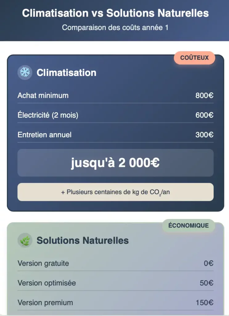 Infographie comparant les coûts entre climatisation (jusqu'à 2000€ la première année) et solutions naturelles pour rafraîchir sa maison (0€ à 150€ maximum). Montre les économies possibles de 1850€ et l'impact environnemental positif des méthodes naturelles sans climatisation.