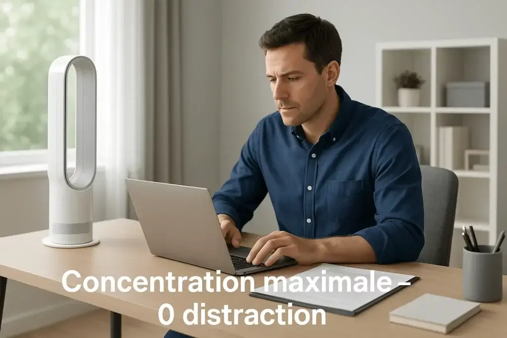 Professionnel concentré travaillant avec ventilateur sans pales silencieux dans bureau moderne