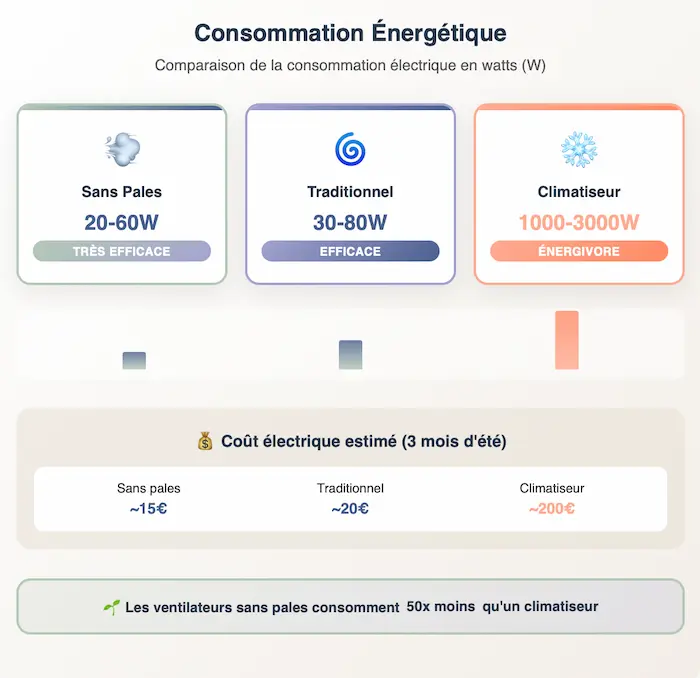 Infographie consommation électrique watts ventilateur sans pales économique 20-60W versus traditionnel 30-80W climatiseur 1000-3000W coût électricité