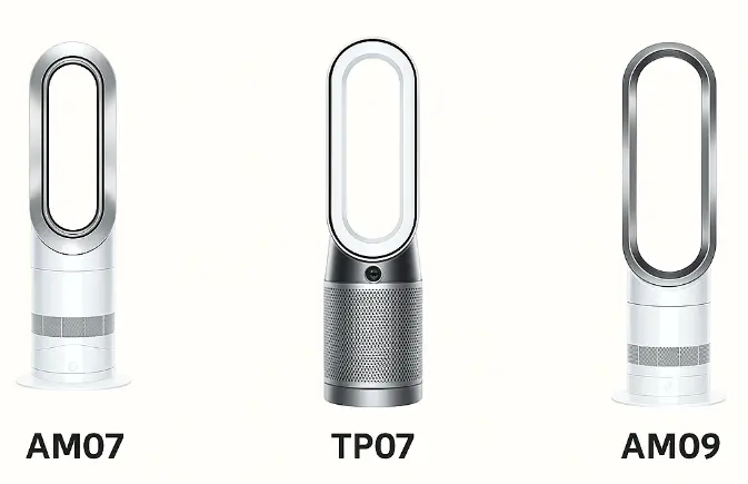 Comparaison visuelle des trois ventilateurs Dyson : AM07 ventilateur tour basique blanc, TP07 purificateur d'air avec base grise perforée, AM09 ventilateur-chauffage bla