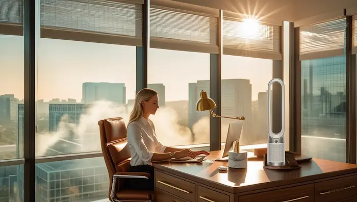 Femme en télétravail dans un bureau moderne équipé d’un Dyson TP10 sur le bureau, en pleine journée d’été ensoleillée.